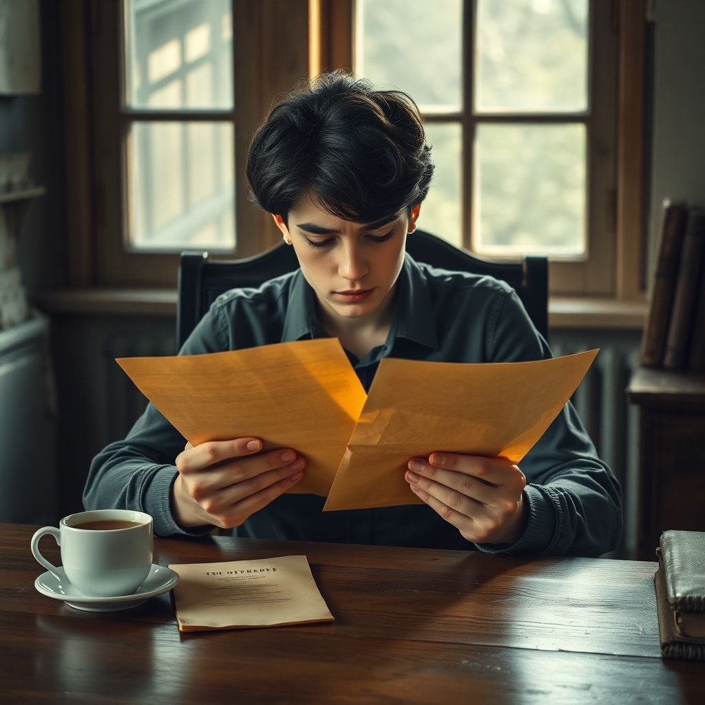 a person sitting alone at a wooden desk, holding old, yellowed letters, with a pensive and conflicted expression, soft morning light filtering through a window, a cup of tea nearby, vintage study aesthetic, muted colors, highly detailed, emotional depth