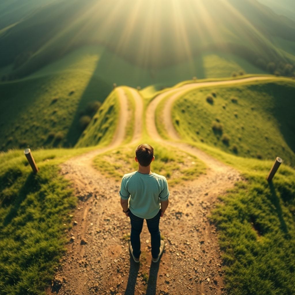 found - a person standing at a crossroads, looking thoughtfully at two diverging paths, symbolic of a difficult decision, bat