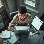 A person sitting at a desk looking overwhelmed, surrounded by financial documents and a laptop displaying credit reports, muted color palette, soft natural light from a window, a sense of quiet despair, realistic, highly detailed, 8k quality