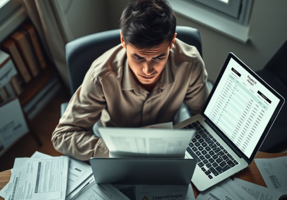 A person sitting at a desk looking overwhelmed, surrounded by financial documents and a laptop displaying credit reports, muted color palette, soft natural light from a window, a sense of quiet despair, realistic, highly detailed, 8k quality