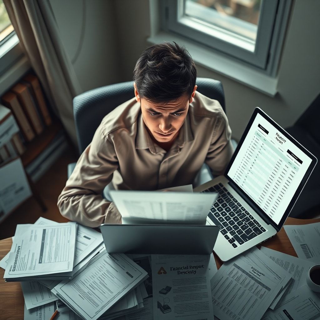 A person sitting at a desk looking overwhelmed, surrounded by financial documents and a laptop displaying credit reports, muted color palette, soft natural light from a window, a sense of quiet despair, realistic, highly detailed, 8k quality