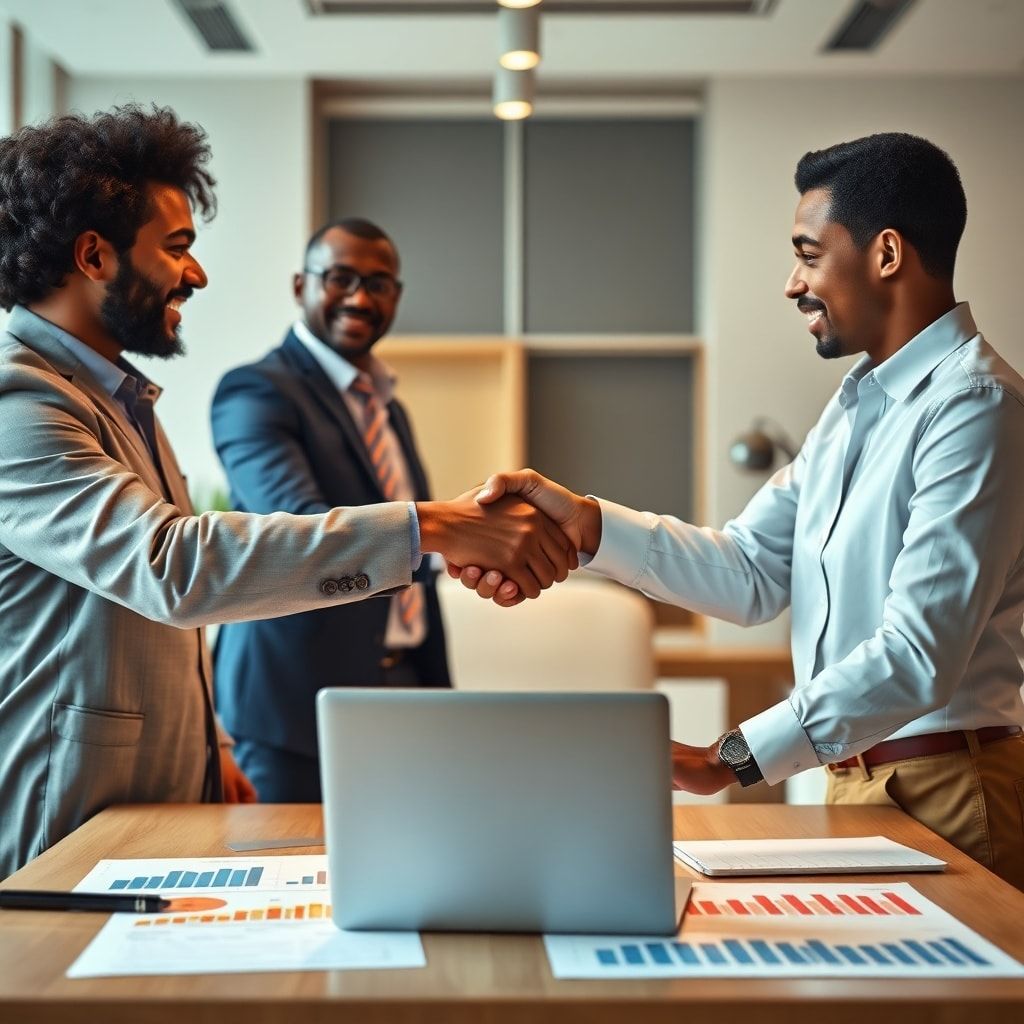 Two individuals, diverse in background, shaking hands firmly over a table with financial charts and a laptop, symbolizing a s