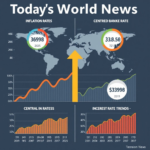 A detailed infographic showing global inflation rates and central bank interest rate trends, with charts and arrows indicating economic movement, in a modern data visualization style, professional, analytical, clear, high resolution, Todays World News economic update