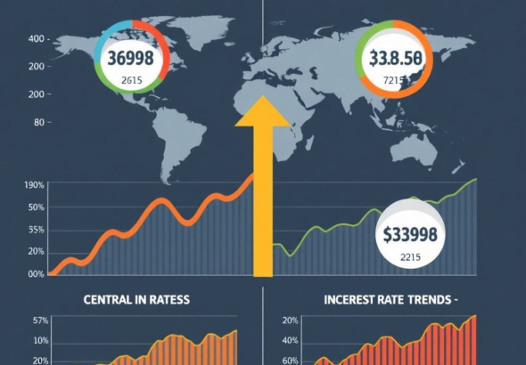 A detailed infographic showing global inflation rates and central bank interest rate trends, with charts and arrows indicating economic movement, in a modern data visualization style, professional, analytical, clear, high resolution, Todays World News economic update