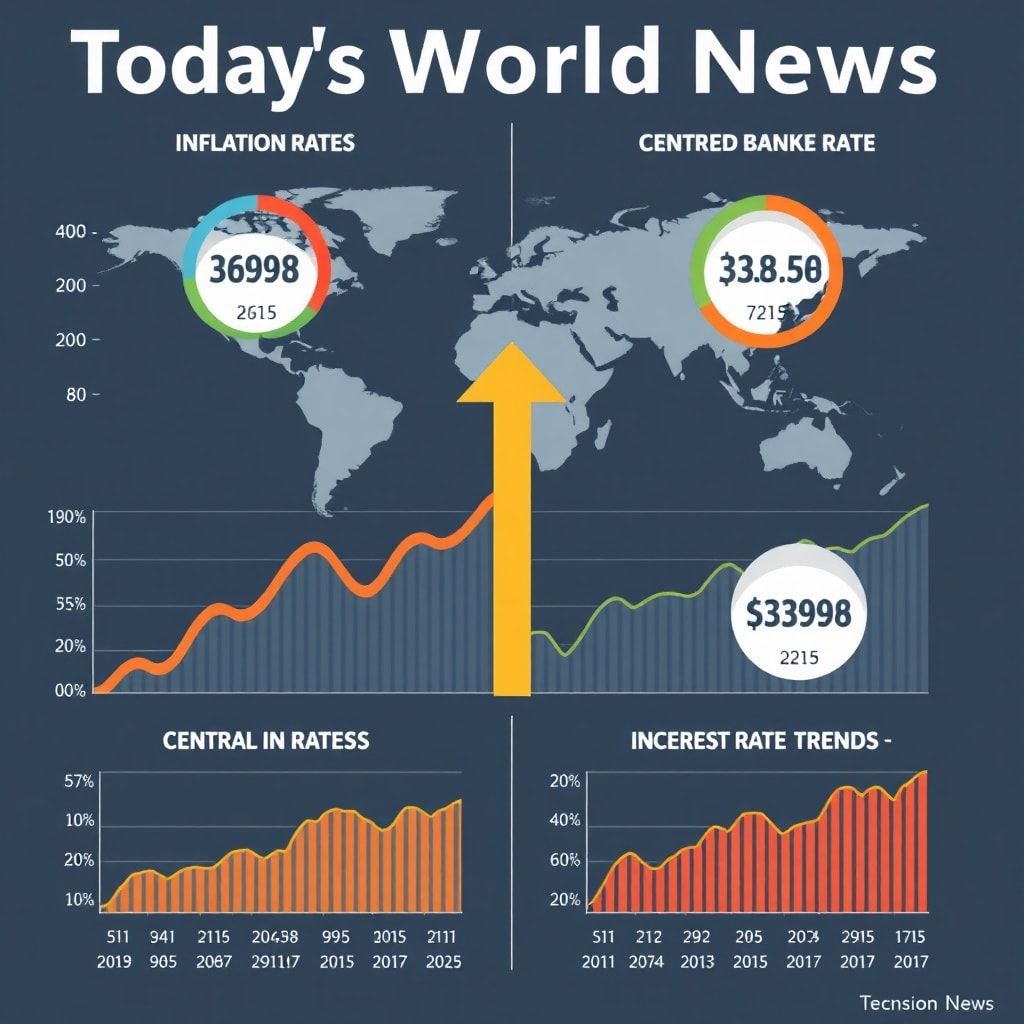 A detailed infographic showing global inflation rates and central bank interest rate trends, with charts and arrows indicating economic movement, in a modern data visualization style, professional, analytical, clear, high resolution, Todays World News economic update