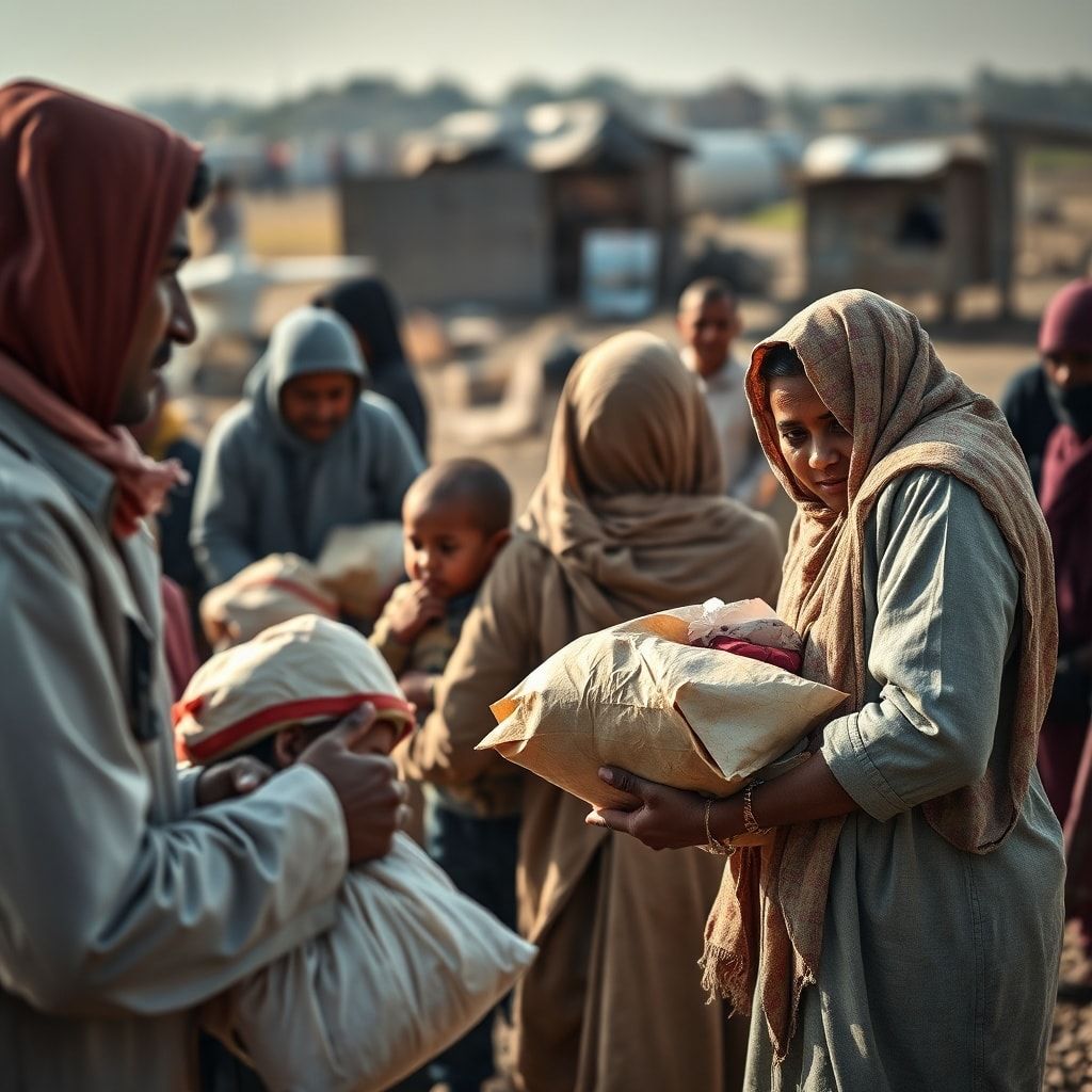 A poignant image of humanitarian aid being delivered in a conflict-affected region, with aid workers and displaced families,