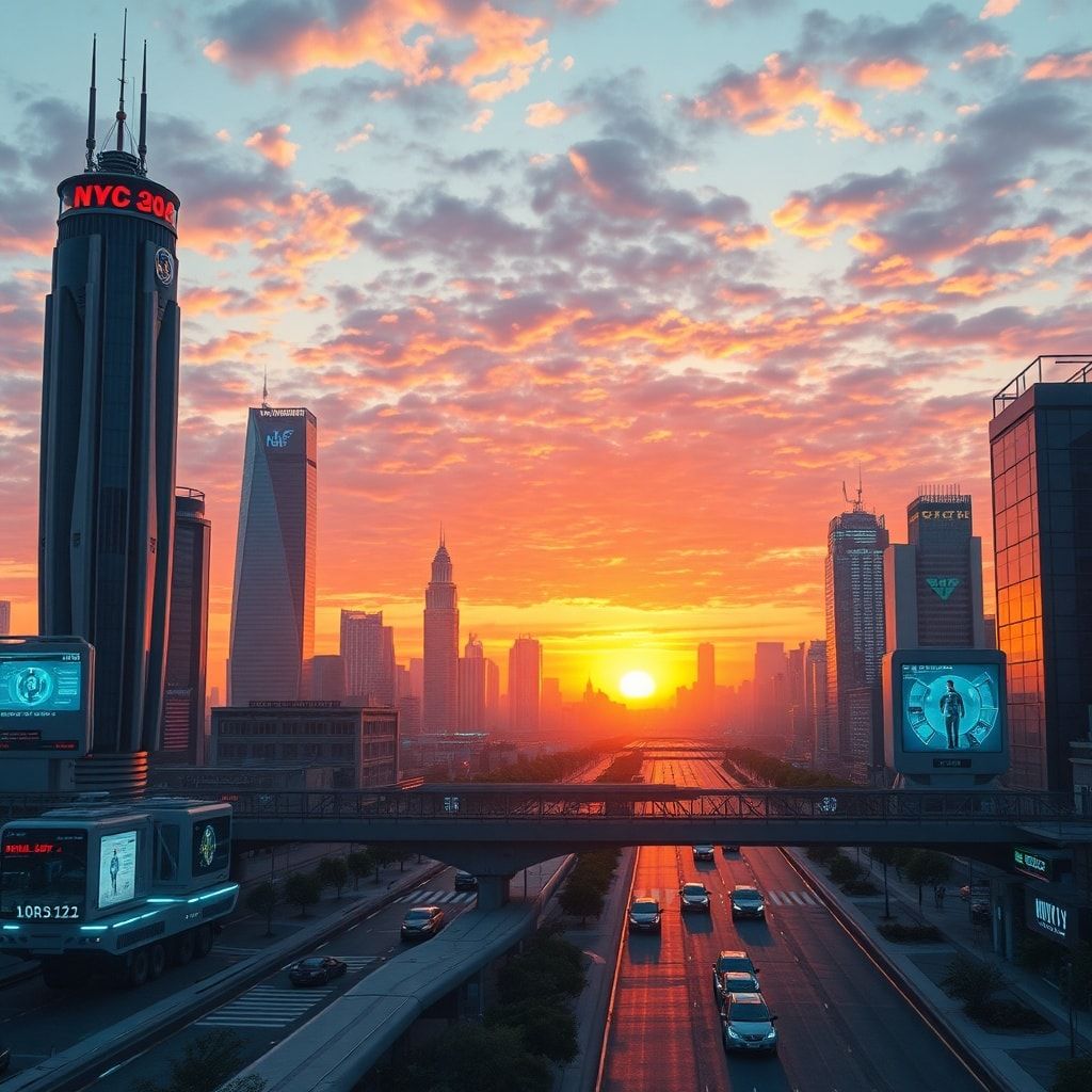 A futuristic cityscape at sunset, with advanced AI systems integrated into daily life, showcasing holographic interfaces and