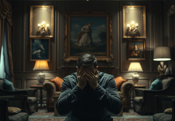 A person sitting alone in a luxurious, dimly lit living room, head in hands, surrounded by expensive furniture and art, but with a deeply somber, pained expression, reflecting on a past mistake, cinematic, high contrast, melancholic atmosphere, ultra realistic, highly detailed, 8k quality, photorealistic