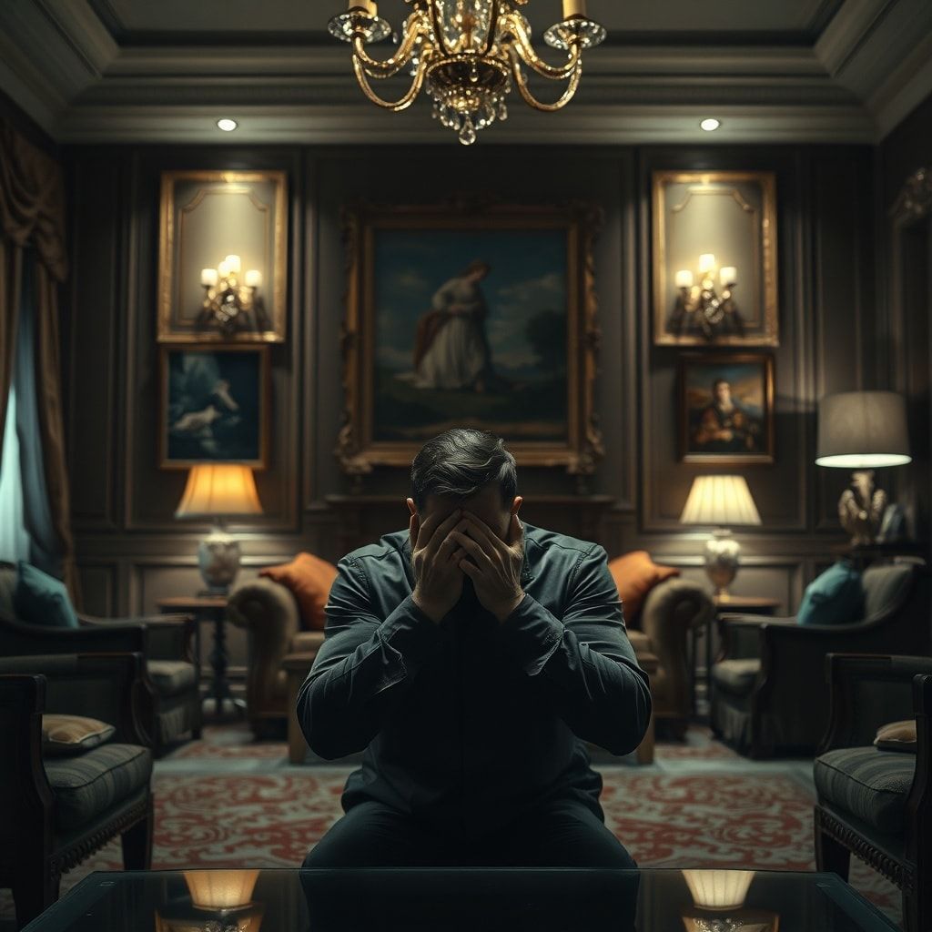 A person sitting alone in a luxurious, dimly lit living room, head in hands, surrounded by expensive furniture and art, but with a deeply somber, pained expression, reflecting on a past mistake, cinematic, high contrast, melancholic atmosphere, ultra realistic, highly detailed, 8k quality, photorealistic