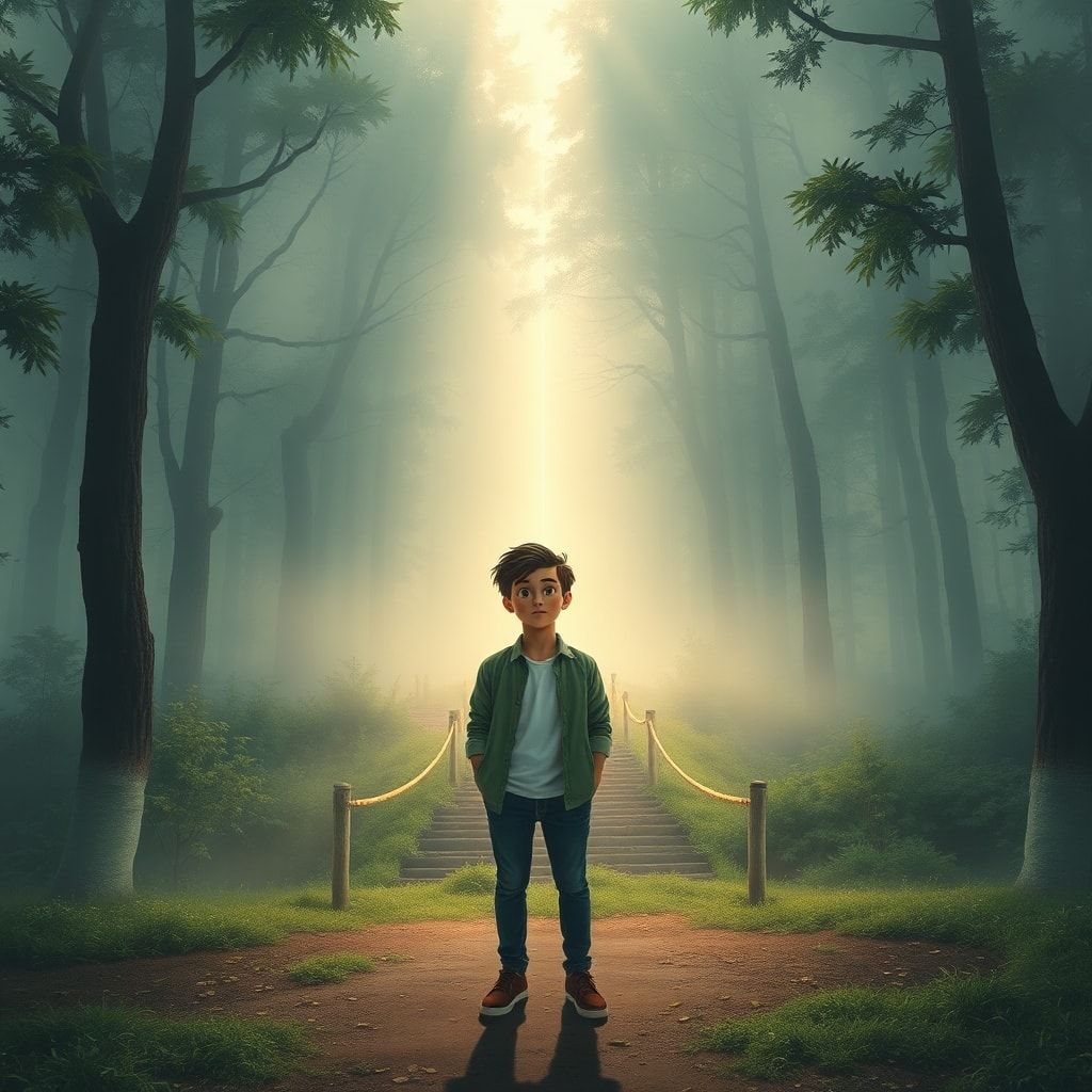 confession - A person standing at a crossroads in a misty, ethereal forest, a ray of sunlight breaking through the canopy ahe