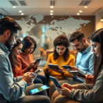 A diverse group of people from different continents engaging with digital news on various devices like smartphones, tablets, and laptops, with a subtle overlay of a world map and data streams, representing the dynamic and interconnected nature of Todays Global News. The setting is modern and global, with warm, inviting colors, ultra realistic, highly detailed, 8k quality, photorealistic