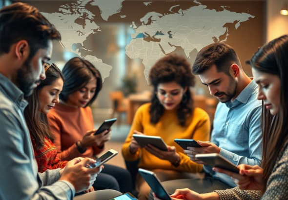A diverse group of people from different continents engaging with digital news on various devices like smartphones, tablets, and laptops, with a subtle overlay of a world map and data streams, representing the dynamic and interconnected nature of Todays Global News. The setting is modern and global, with warm, inviting colors, ultra realistic, highly detailed, 8k quality, photorealistic