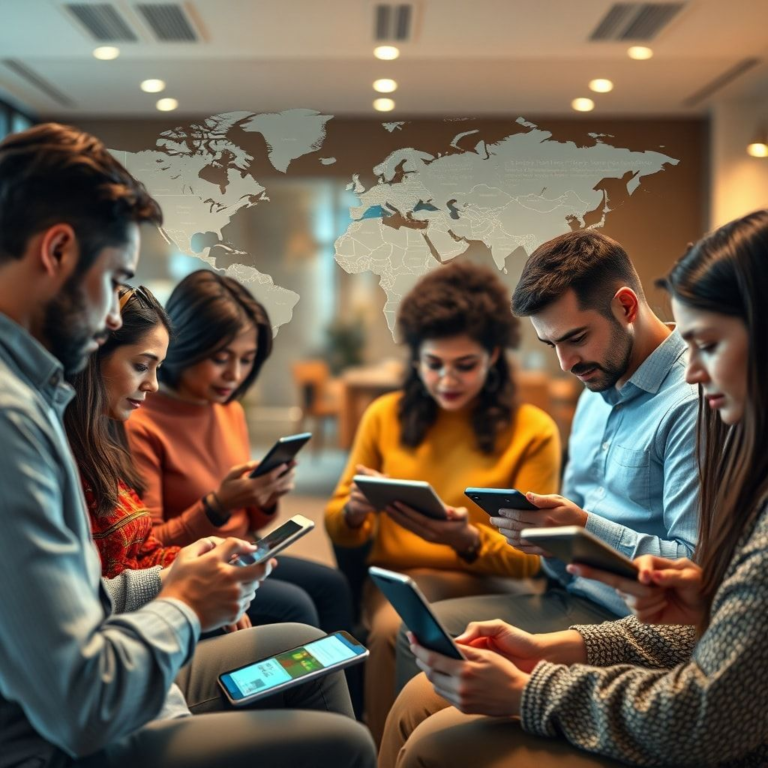 A diverse group of people from different continents engaging with digital news on various devices like smartphones, tablets, and laptops, with a subtle overlay of a world map and data streams, representing the dynamic and interconnected nature of Todays Global News. The setting is modern and global, with warm, inviting colors, ultra realistic, highly detailed, 8k quality, photorealistic