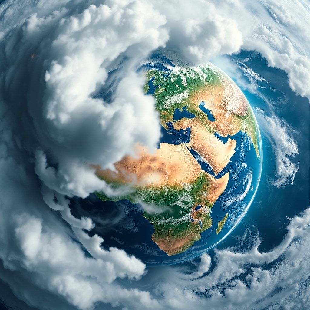 A dramatic image of Earth from space, partially obscured by swirling storm clouds and showing evidence of both natural beauty