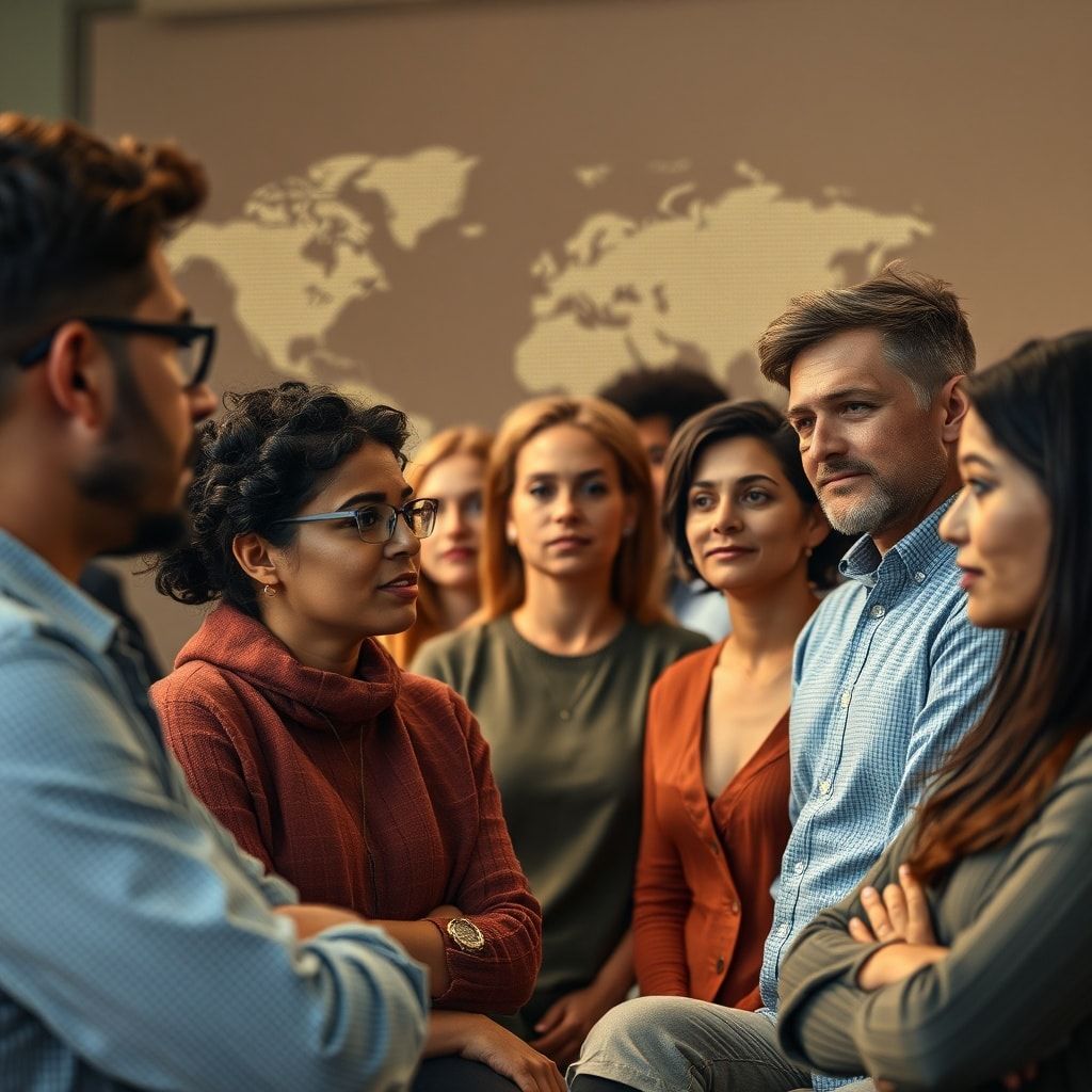 A diverse group of people from different backgrounds engaged in a community discussion or forum, looking thoughtful and conne