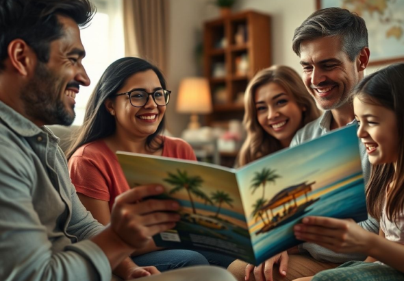 A family gathered around a travel brochure for a tropical destination, with one person looking away with a look of deep anxiety and guilt, while others smile innocently. The scene is set in a cozy living room, but a subtle, unsettling shadow hints at the faked joy and impending revelation. Warm natural light, dramatic contrast, ultra realistic, highly detailed, 8k quality.