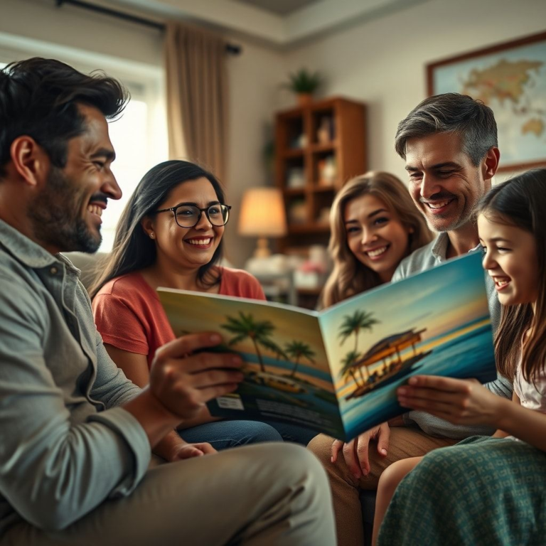 A family gathered around a travel brochure for a tropical destination, with one person looking away with a look of deep anxiety and guilt, while others smile innocently. The scene is set in a cozy living room, but a subtle, unsettling shadow hints at the faked joy and impending revelation. Warm natural light, dramatic contrast, ultra realistic, highly detailed, 8k quality.