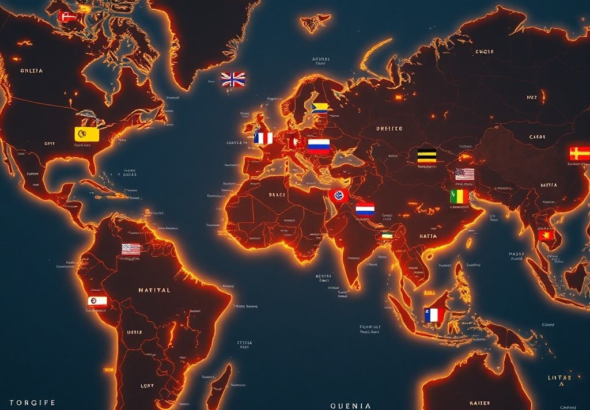 A detailed world map with glowing political borders, showing various flags and symbols representing diplomacy, conflict, and economic activity. The map is viewed from a slightly elevated angle, with a professional, informative, and modern aesthetic, incorporating data visualizations and a serious yet engaging mood, cinematic lighting, ultra realistic, highly detailed, 8k quality, photorealistic. Keywords: Todays Global News, geopolitical landscape, global politics.