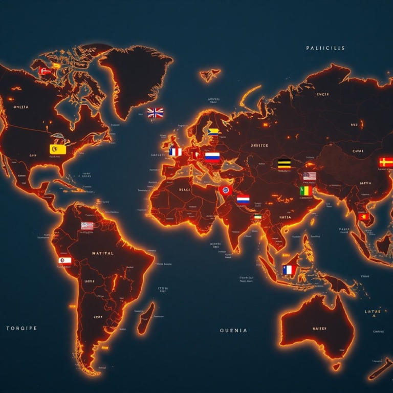 A detailed world map with glowing political borders, showing various flags and symbols representing diplomacy, conflict, and economic activity. The map is viewed from a slightly elevated angle, with a professional, informative, and modern aesthetic, incorporating data visualizations and a serious yet engaging mood, cinematic lighting, ultra realistic, highly detailed, 8k quality, photorealistic. Keywords: Todays Global News, geopolitical landscape, global politics.