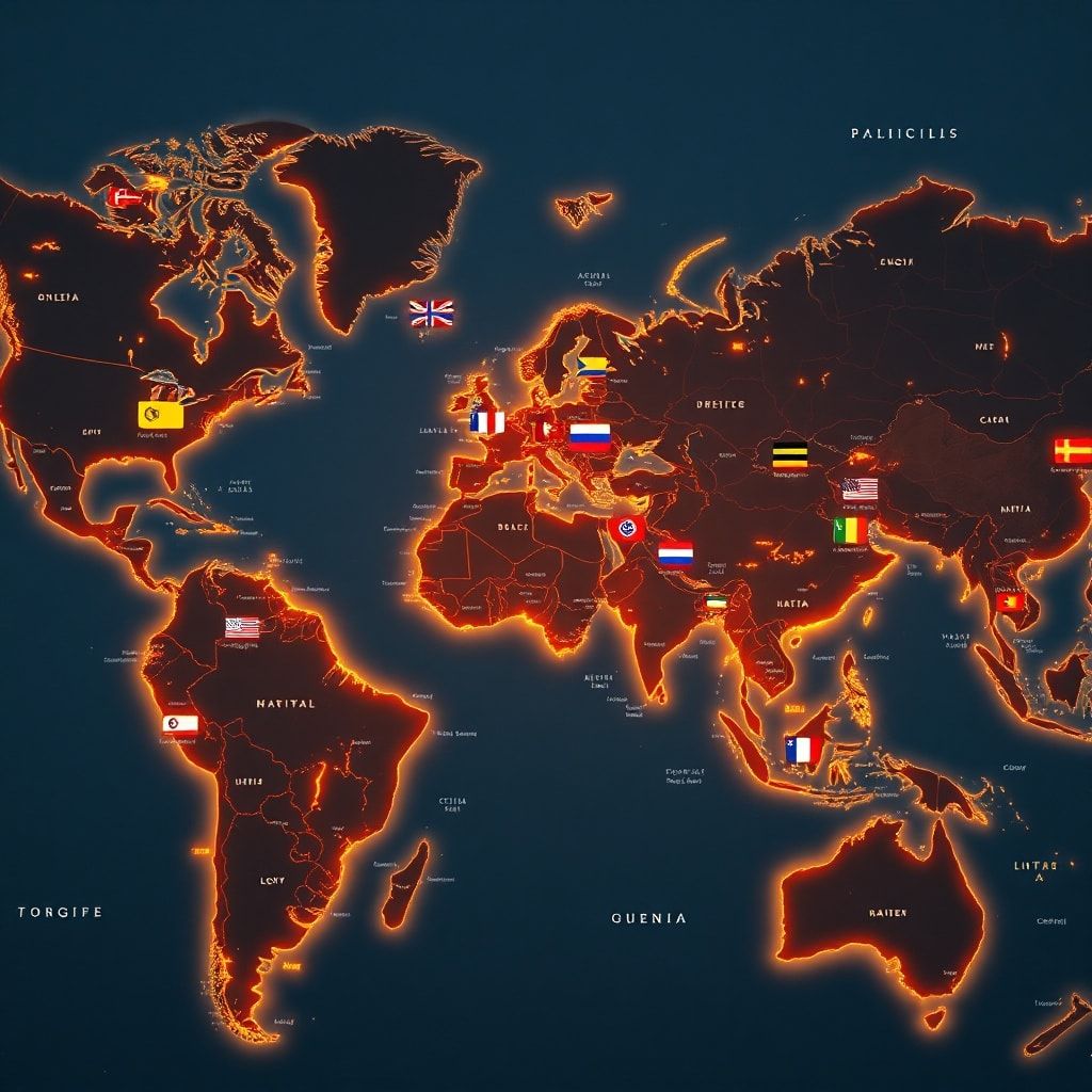 A detailed world map with glowing political borders, showing various flags and symbols representing diplomacy, conflict, and economic activity. The map is viewed from a slightly elevated angle, with a professional, informative, and modern aesthetic, incorporating data visualizations and a serious yet engaging mood, cinematic lighting, ultra realistic, highly detailed, 8k quality, photorealistic. Keywords: Todays Global News, geopolitical landscape, global politics.