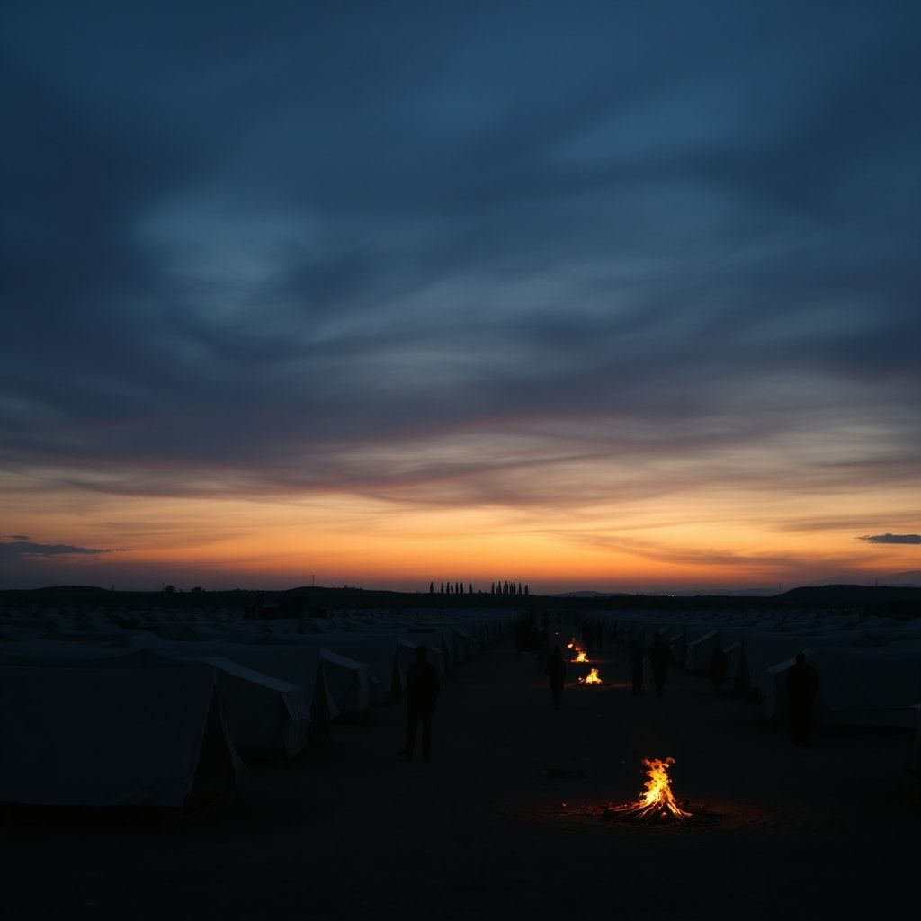 A poignant scene depicting a refugee camp at dusk, tents stretching into the distance under a vast, somber sky. People are si