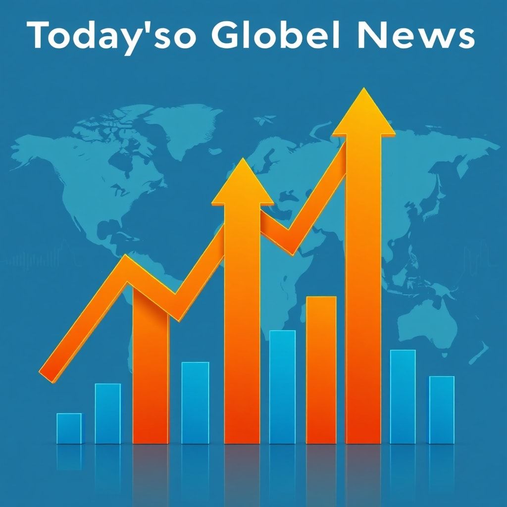 A dynamic infographic showing global economic trends: upward and downward arrows representing inflation and interest rates, i