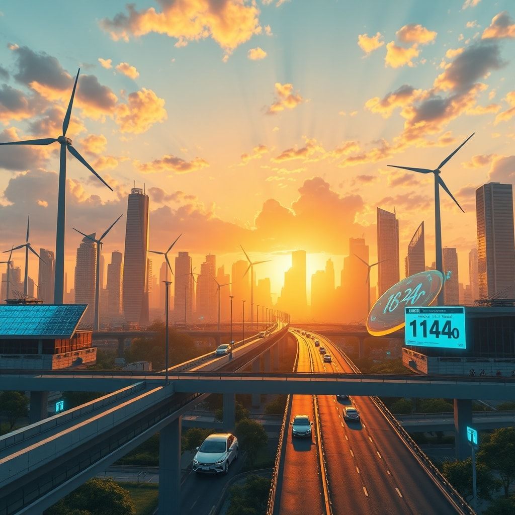 A futuristic city skyline at sunset, with numerous wind turbines and solar panels integrated into the architecture. Electric