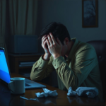 A person sitting at a desk, head in hands, illuminated by the blue glow of a laptop screen displaying an email 'sent' notification. The room is dimly lit, suggesting late-night panic, with a discarded coffee mug and crumpled tissues nearby. The mood is one of profound regret and shock, rendered in a realistic, cinematic style with shallow depth of field.