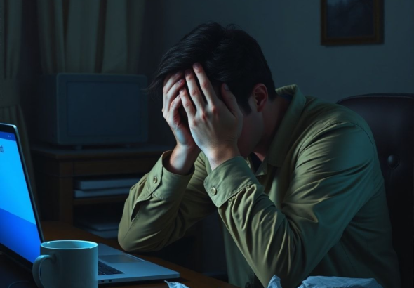 A person sitting at a desk, head in hands, illuminated by the blue glow of a laptop screen displaying an email 'sent' notification. The room is dimly lit, suggesting late-night panic, with a discarded coffee mug and crumpled tissues nearby. The mood is one of profound regret and shock, rendered in a realistic, cinematic style with shallow depth of field.