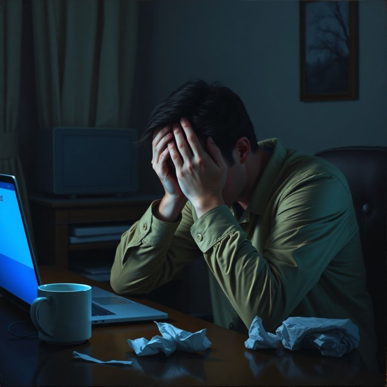 A person sitting at a desk, head in hands, illuminated by the blue glow of a laptop screen displaying an email 'sent' notification. The room is dimly lit, suggesting late-night panic, with a discarded coffee mug and crumpled tissues nearby. The mood is one of profound regret and shock, rendered in a realistic, cinematic style with shallow depth of field.