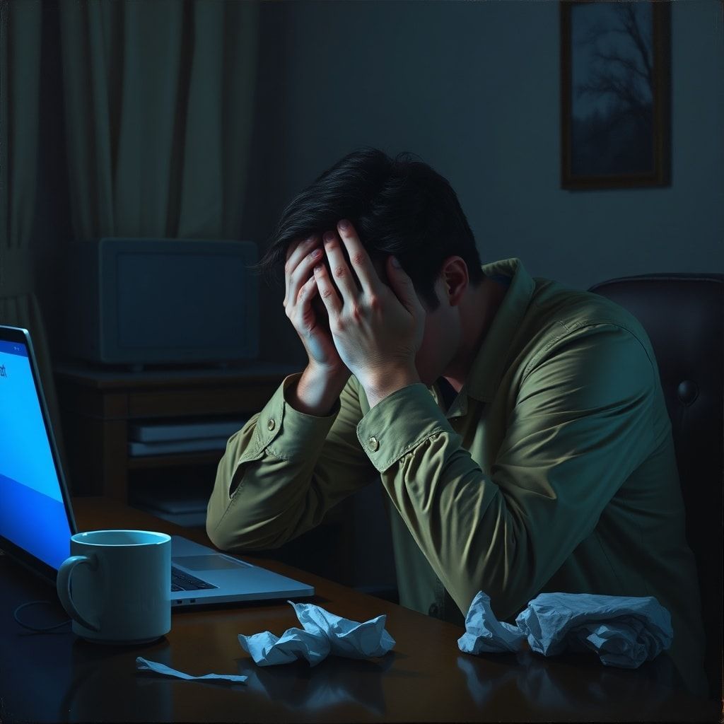 A person sitting at a desk, head in hands, illuminated by the blue glow of a laptop screen displaying an email 'sent' notification. The room is dimly lit, suggesting late-night panic, with a discarded coffee mug and crumpled tissues nearby. The mood is one of profound regret and shock, rendered in a realistic, cinematic style with shallow depth of field.