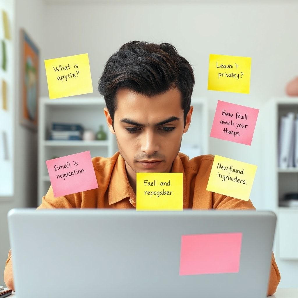tifu - A person looking thoughtfully at a laptop screen, surrounded by sticky notes with reminders about digital privacy and