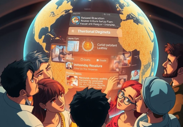 A diverse group of people from different continents, representing various cultures, looking intently at a holographic globe displaying news headlines, dynamic, futuristic, warm lighting, deep focus, 8k quality, photorealistic