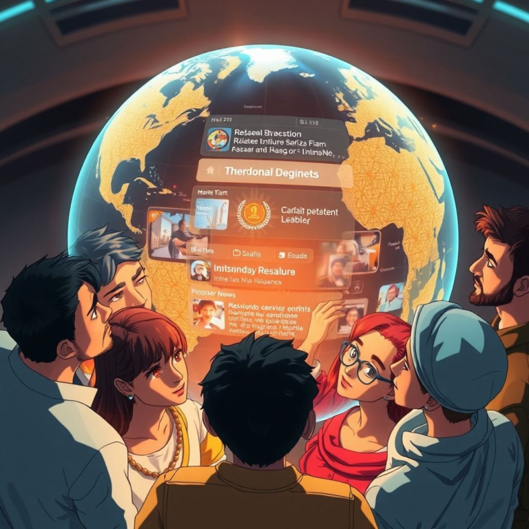 A diverse group of people from different continents, representing various cultures, looking intently at a holographic globe displaying news headlines, dynamic, futuristic, warm lighting, deep focus, 8k quality, photorealistic