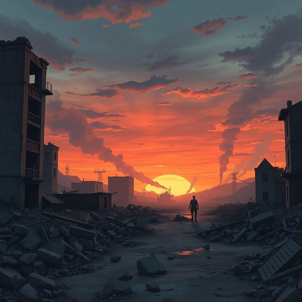 todays - A desolate, war-torn landscape at dusk, with crumbling buildings and a lone figure walking amidst rubble, somber col
