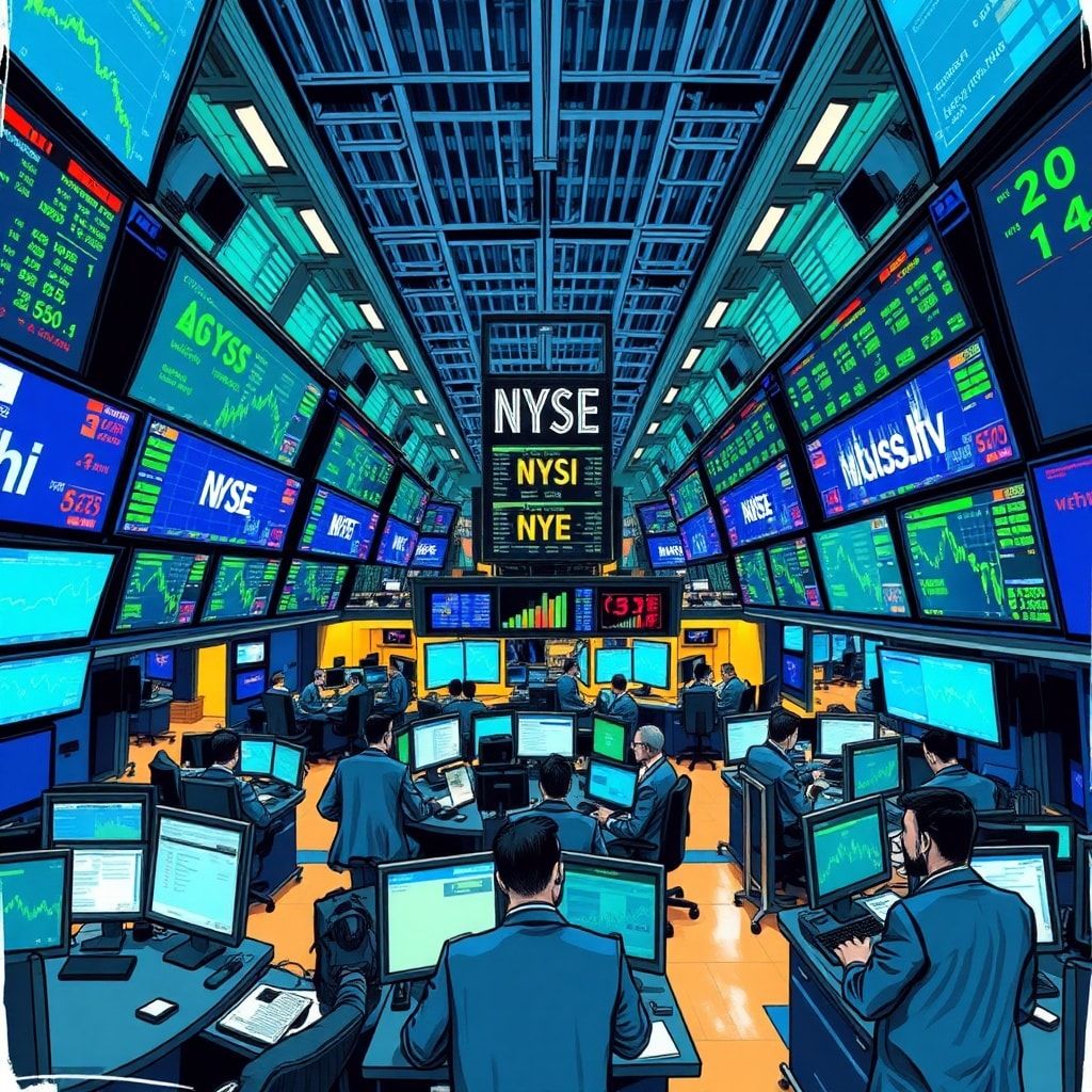todays - A bustling global stock exchange floor with traders looking at multiple screens displaying financial data and charts