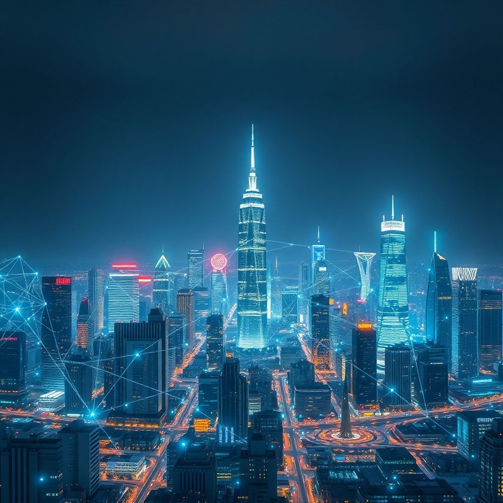 todays - A conceptual image of a futuristic city skyline at night, glowing with data streams and interconnected networks, sym