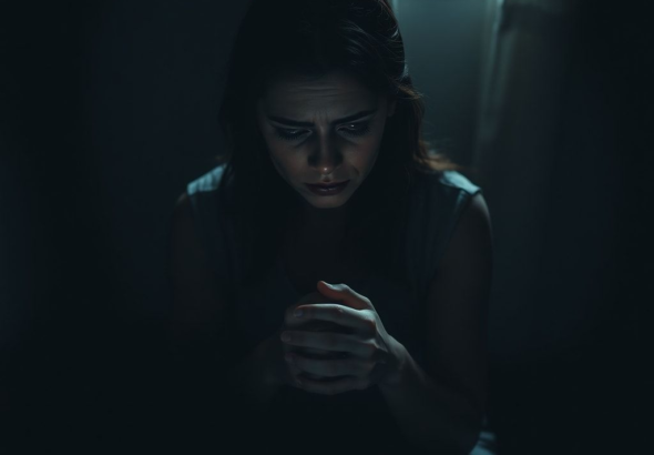 A woman sits alone in a dimly lit room, her face etched with agonizing worry and deep contemplation, hands clasped, surrounded by shadows, a single ray of moonlight piercing through a window, conveying immense emotional burden and a search for clarity, cinematic, highly detailed, realistic, 8k quality