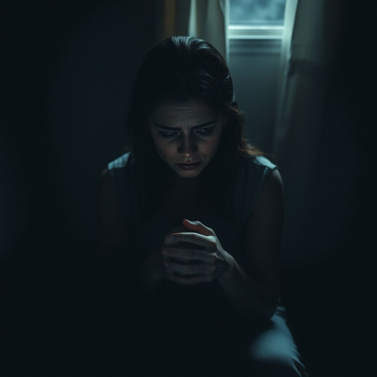 A woman sits alone in a dimly lit room, her face etched with agonizing worry and deep contemplation, hands clasped, surrounded by shadows, a single ray of moonlight piercing through a window, conveying immense emotional burden and a search for clarity, cinematic, highly detailed, realistic, 8k quality