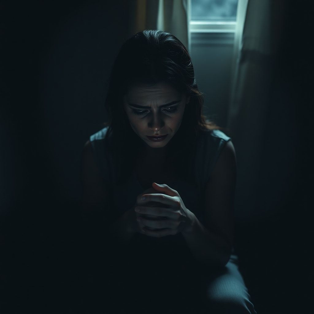 A woman sits alone in a dimly lit room, her face etched with agonizing worry and deep contemplation, hands clasped, surrounded by shadows, a single ray of moonlight piercing through a window, conveying immense emotional burden and a search for clarity, cinematic, highly detailed, realistic, 8k quality