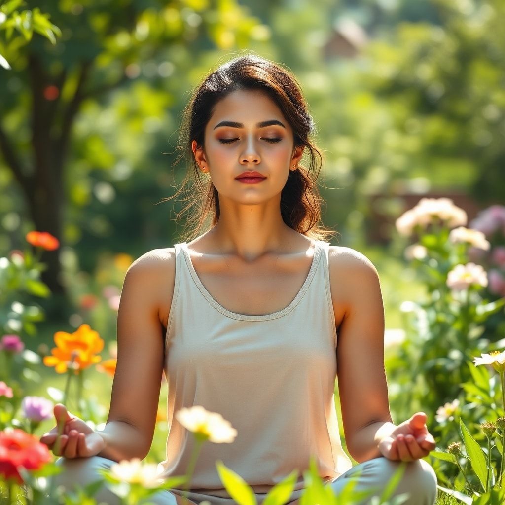 A serene woman meditates in a peaceful, sunlit garden, surrounded by lush greenery and blooming flowers, her expression calm