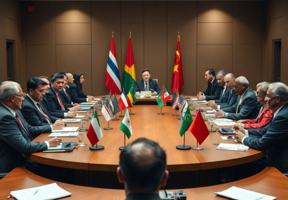 A diverse group of world leaders from different continents engaged in a high-level diplomatic meeting, serious expressions, a large round table with flags, modern conference room, professional photography, cinematic lighting, 8k quality, realistic