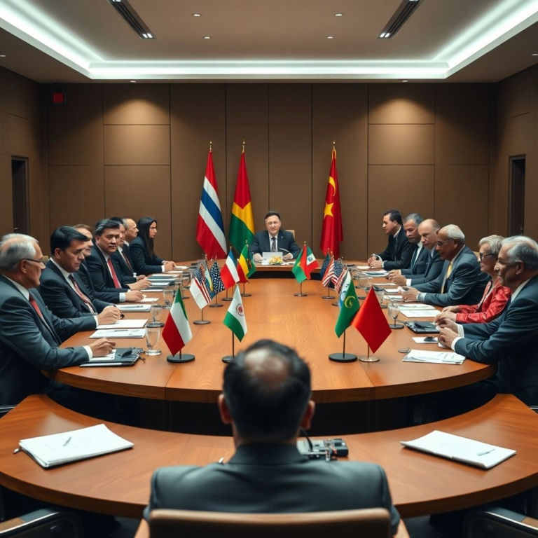 A diverse group of world leaders from different continents engaged in a high-level diplomatic meeting, serious expressions, a large round table with flags, modern conference room, professional photography, cinematic lighting, 8k quality, realistic