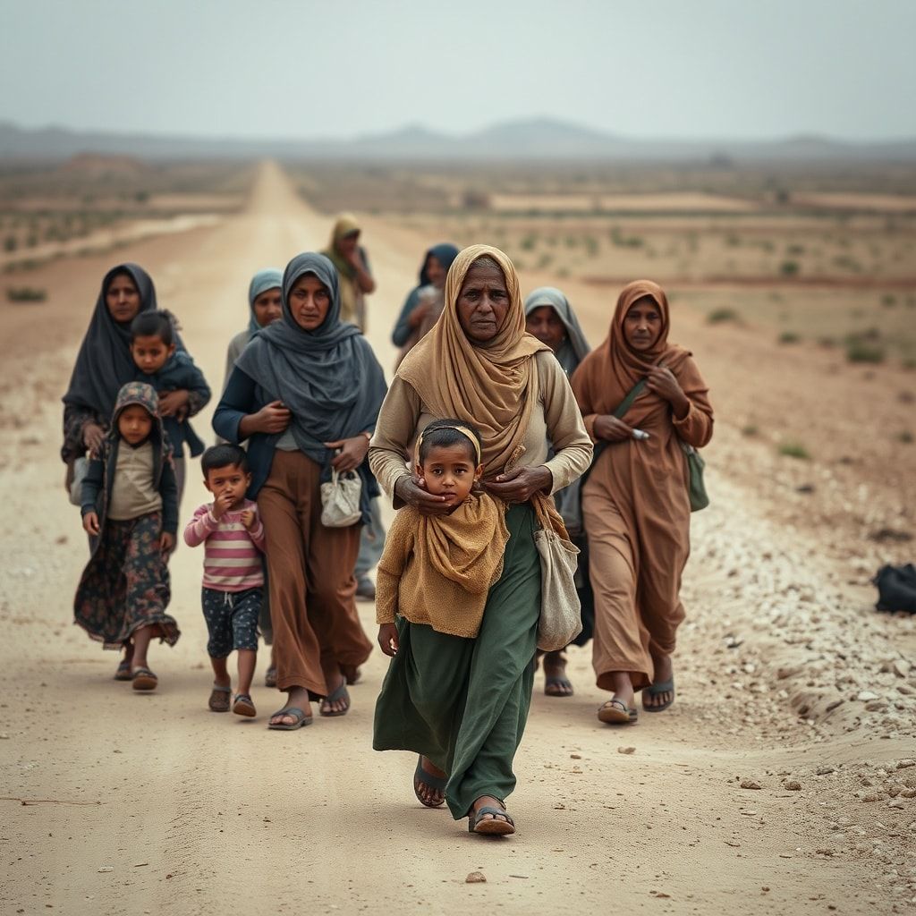 todays - A diverse group of refugees, including women, children, and elderly, walking on a dusty road with minimal belongings