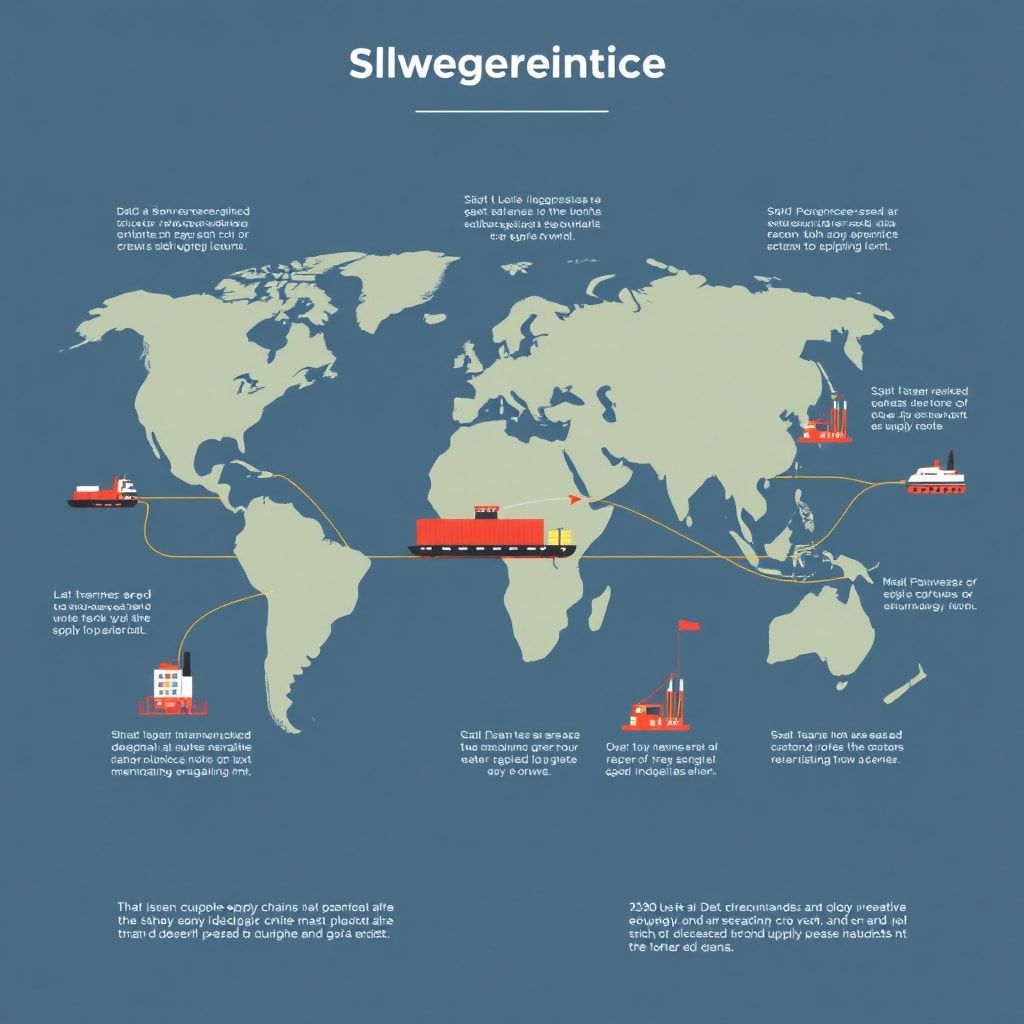 todays - A detailed infographic showing global supply chain routes, interconnected lines spanning continents, various icons r