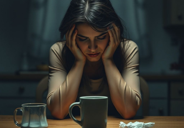 A woman sitting alone at a dimly lit kitchen table, head in hands, looking distraught and consumed by guilt. Empty coffee cup and a crumpled tissue nearby. The atmosphere is heavy and somber, with soft, muted colors, cinematic lighting, ultra realistic, highly detailed, 8k quality, photorealistic