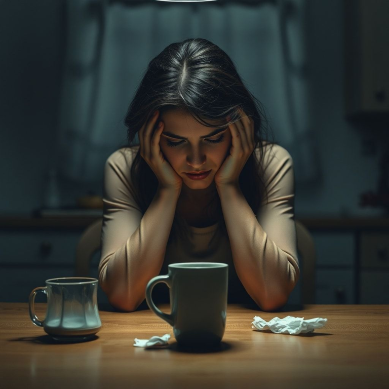 A woman sitting alone at a dimly lit kitchen table, head in hands, looking distraught and consumed by guilt. Empty coffee cup and a crumpled tissue nearby. The atmosphere is heavy and somber, with soft, muted colors, cinematic lighting, ultra realistic, highly detailed, 8k quality, photorealistic