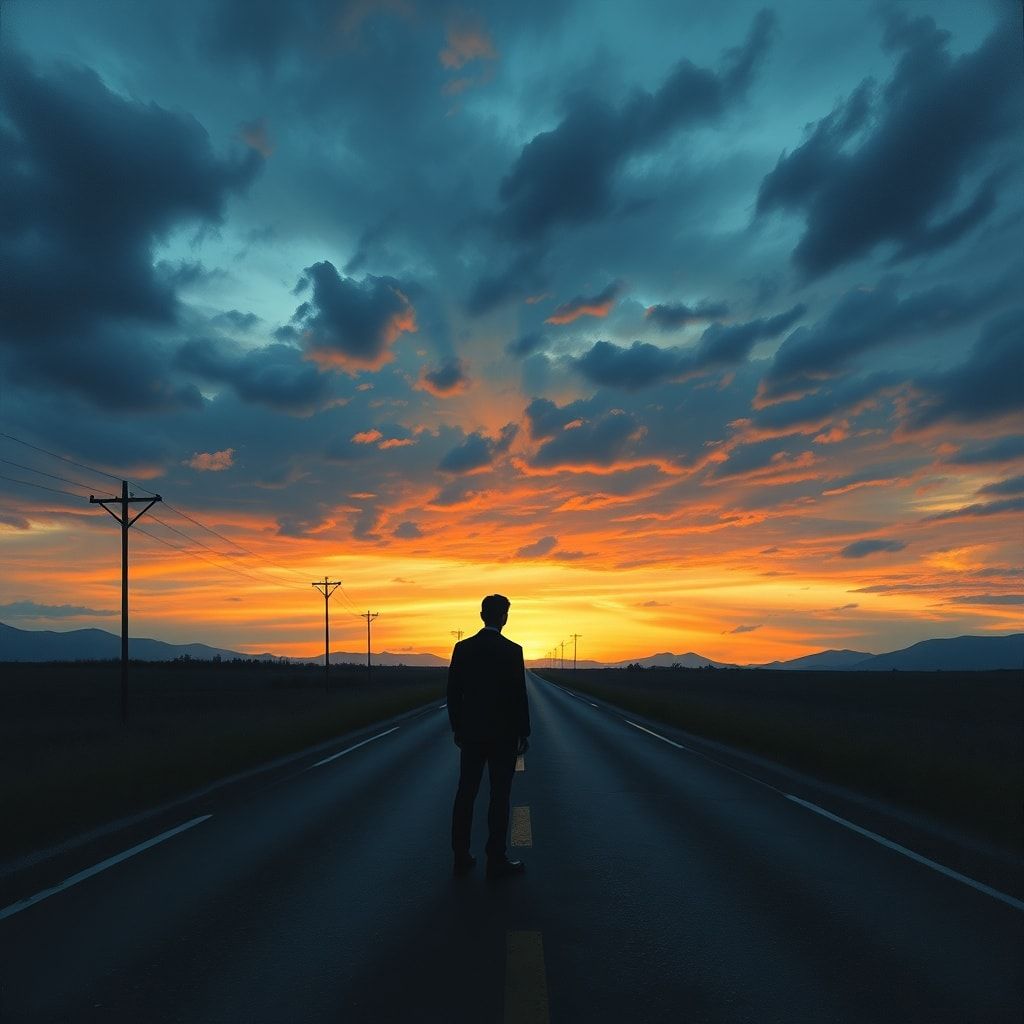 confession - A solitary figure standing at a crossroads at dusk, silhouetted against a dramatic sky with a fork in the road s