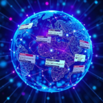 A digital globe displaying interconnected lines representing global communication and data flow, with various news headlines appearing as augmented reality overlays, vibrant blue and purple hues, futuristic, high-tech, informational, 8k quality, photorealistic