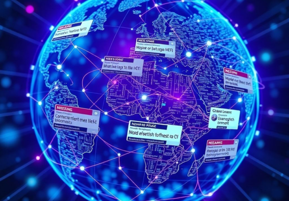 A digital globe displaying interconnected lines representing global communication and data flow, with various news headlines appearing as augmented reality overlays, vibrant blue and purple hues, futuristic, high-tech, informational, 8k quality, photorealistic